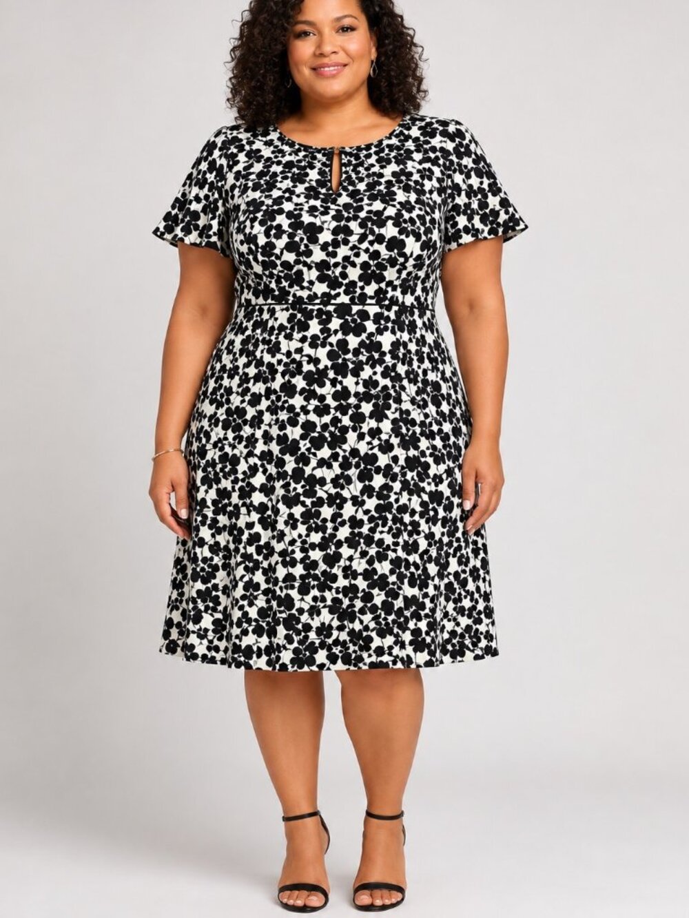 Talbots Dress 16WP Black White Print Short Flutter Sleeves Plus Size Petite
